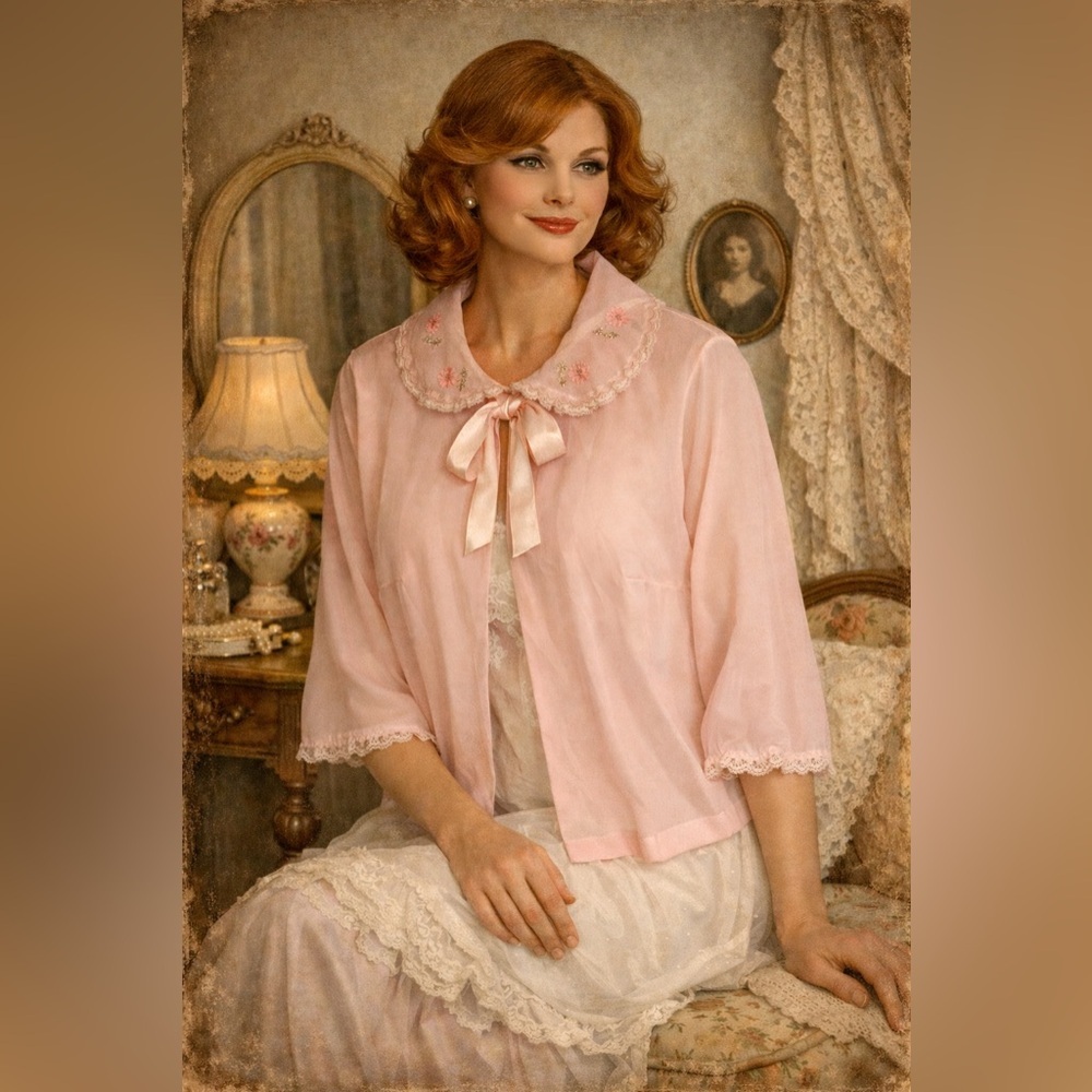 seamprufe Vintage Pink Women Sleepwear Nylon Top Size M embroidery lace coquette